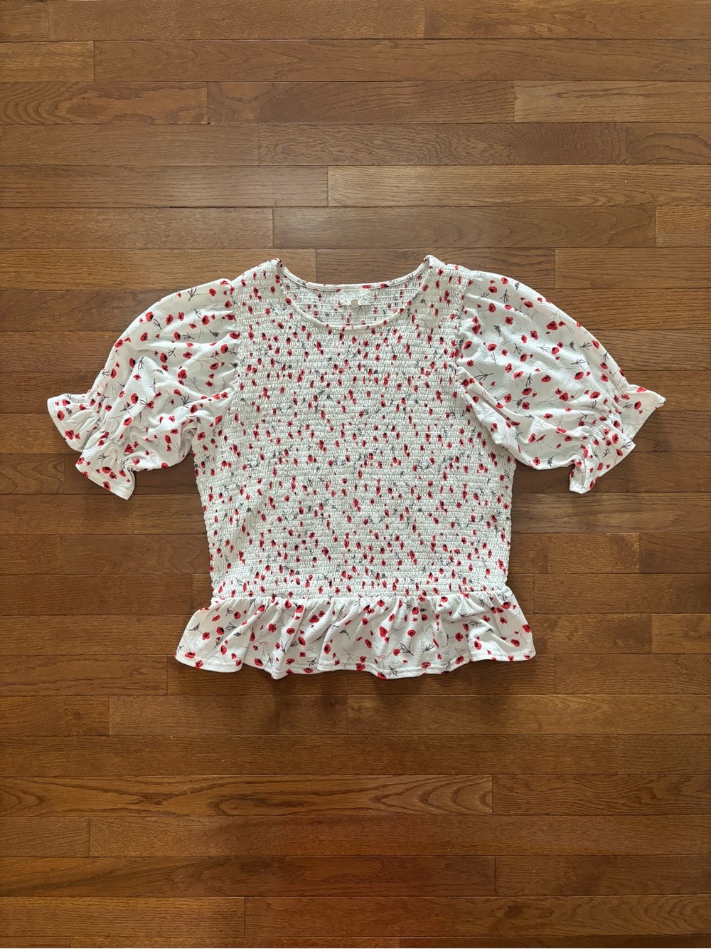 Melloday  Cream Poppy Print Peplum Blouse with Puff Sleeves
